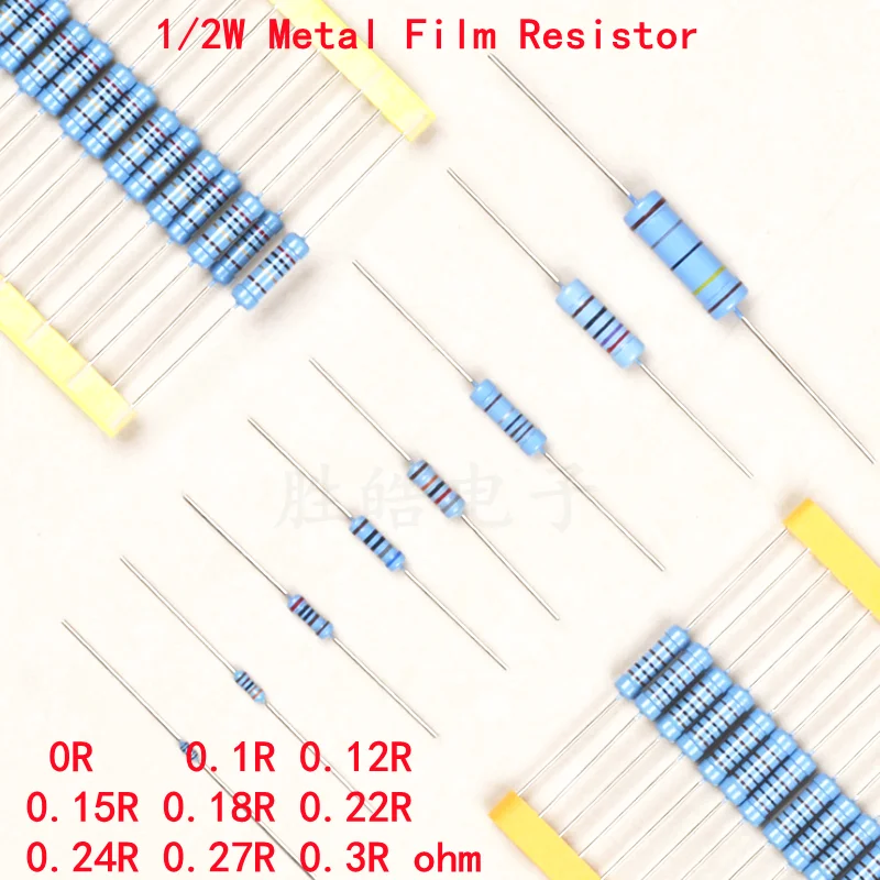 

50piece 1/2W Metal Film Resistor 1% New 0R 0.1R 0.12R 0.15R 0.18R 0.22R 0.24R 0.27R 0.3R Ohm Accurate High Good Quality Ohms DIP