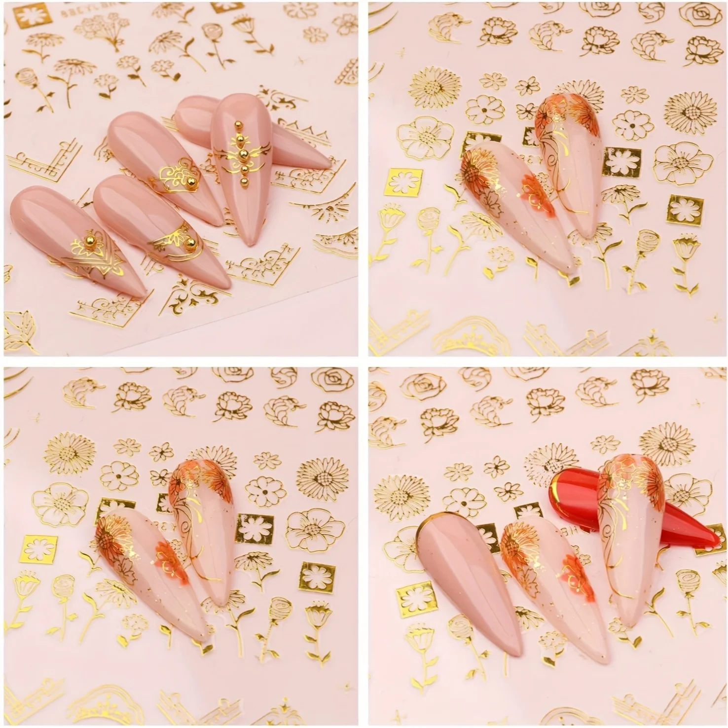 30 Sheets Golden Floral Nail Art Stickers - 3D Metallic Leaves & Golden Line Decals, Self-Adhesive for Stylish Manicures