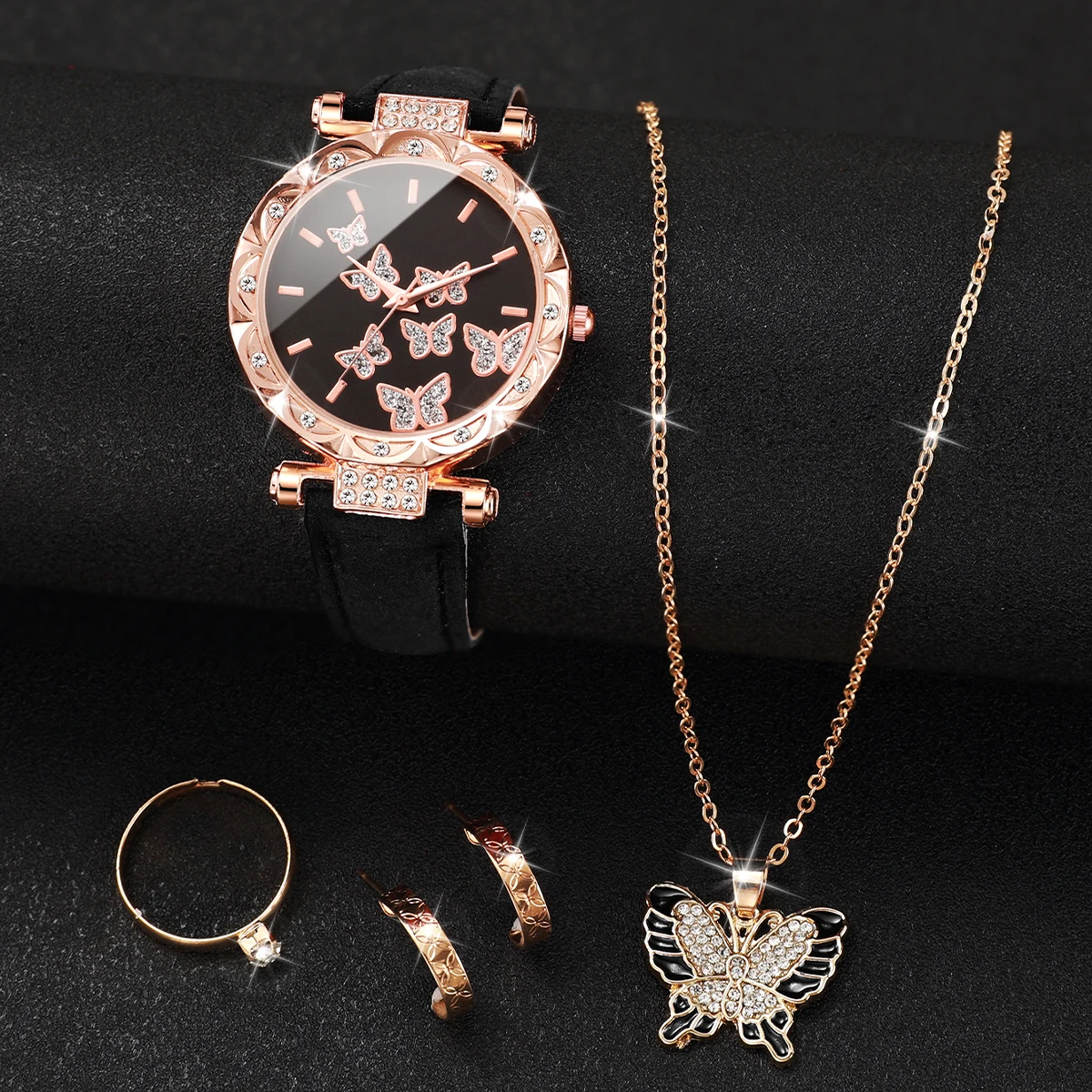 5 Stks/set Vrouwen Lederen Band Vlinder Quartz Horloge Met Sieraden Set Voor Dames