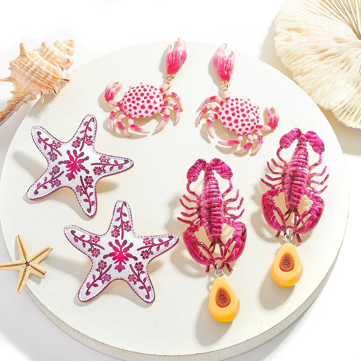 ZAA-pendientes colgantes de langosta y cangrejo de estrella de mar para mujer, joyería de animales marinos esmaltados de Metal, Color rosa, para vacaciones de verano