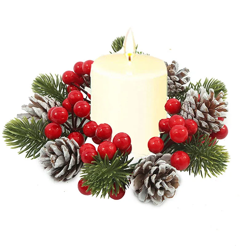 Christmas Candle Wreaths Rings Berries Pinecone Pine Candle Holder Table Centerpieces for Home Party