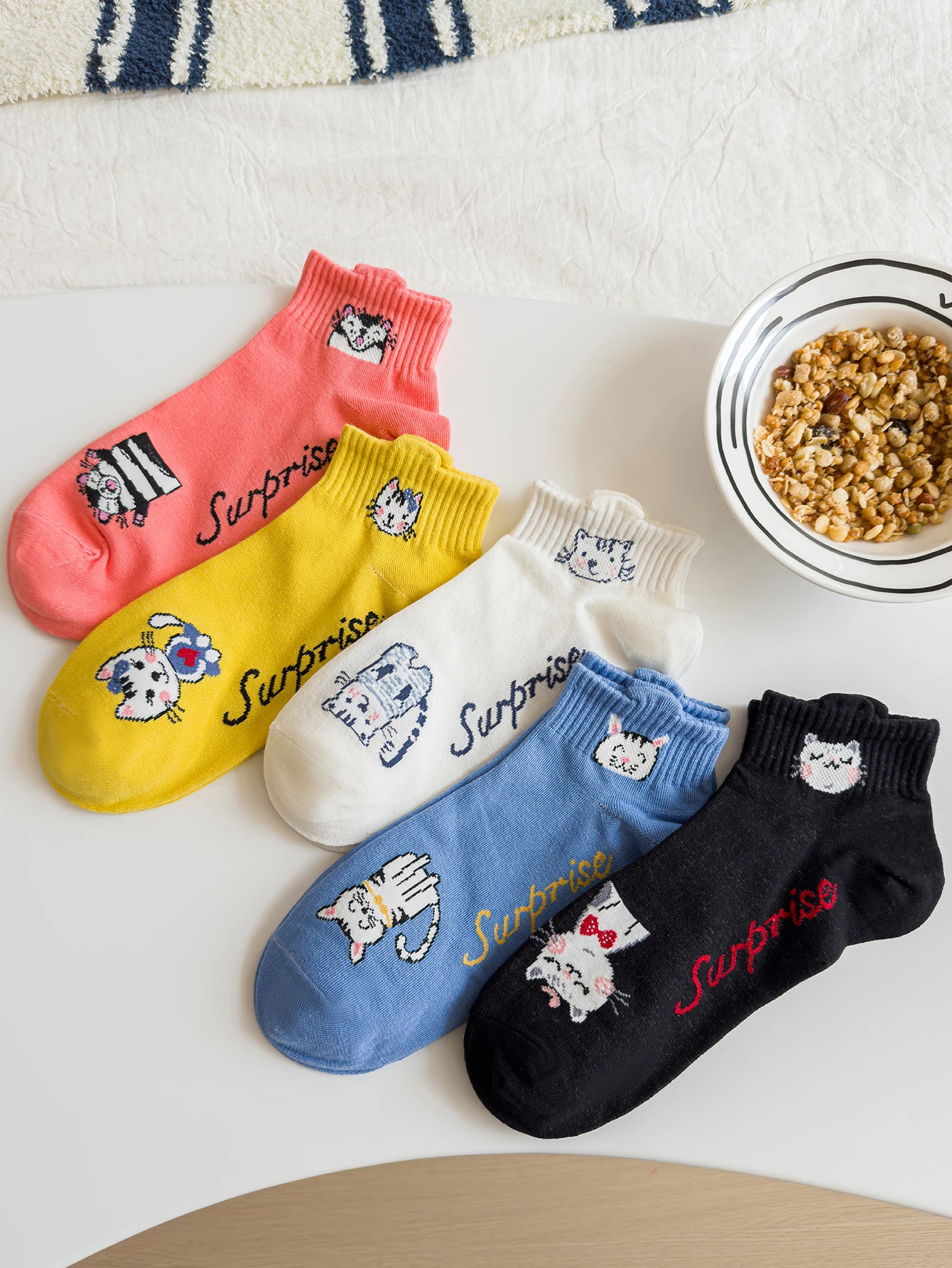 5-Pairs Spring Autumn Season Sweat Absorption Cartoon pattern Cotton Knitted soft Casual short Socks