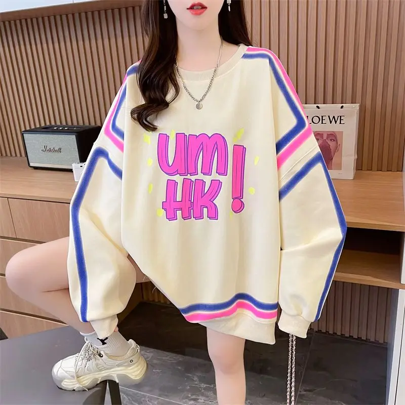 Oversized Women Clothing 2024 New Spring Autumn Fashion Sweatshirts Female Loose Casual Letter O-neck Loose Coat Mid Length Top