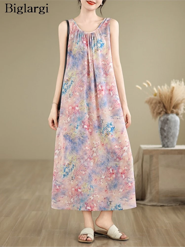 

Oversized Summer Sleeveless Vests Dress Women Pink Print Fashion Ruffle Ladies Vests Dresses A-Line Loose Pleated Woman Dress