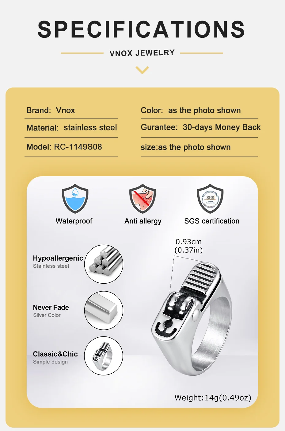 Vnox Herrenring aus Edelstahl in Feuerzeugform, Punk-Ring in Silberfarbe, US-Größe 8-11, einzigartiges kreatives Party-Schmuckgeschenk – Detail 5