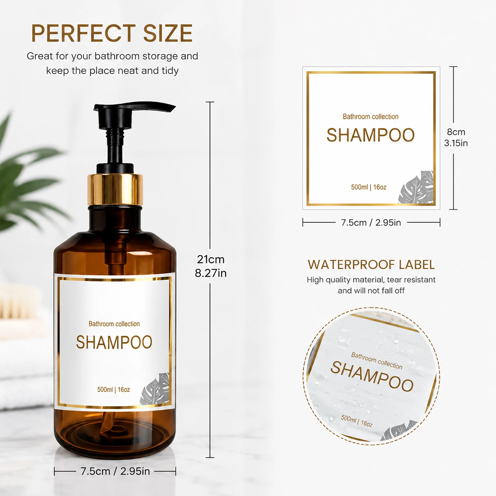 Shampoo and Conditioner Dispenser for Shower and Guest Bathroom Amber Plastic Refillable Pump Bottles for Shampoo Shower Gel view 2