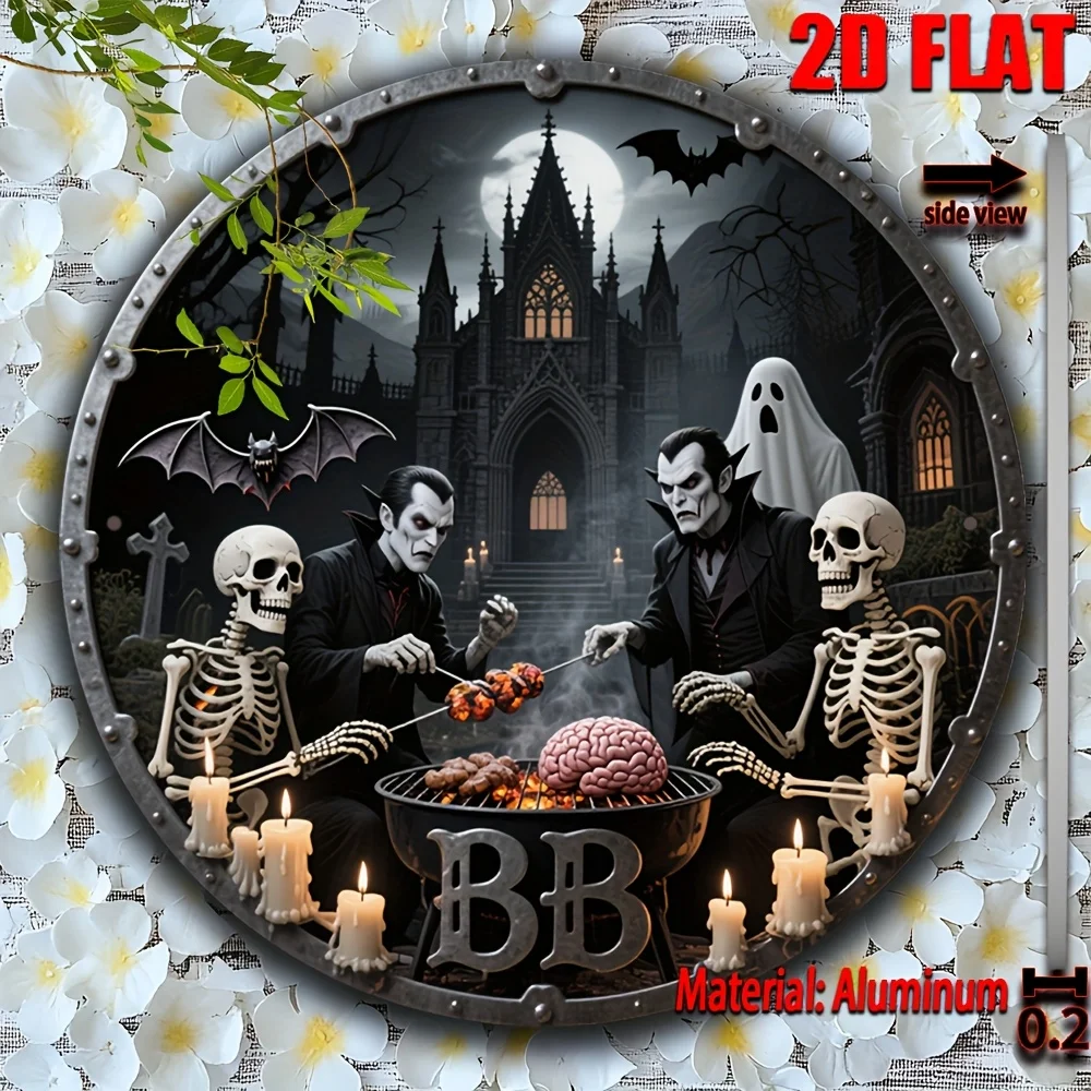 طباعة مسطحة ثنائية الأبعاد، قطعة واحدة من لافتة فنية جدارية معدنية بطابع مصاصي الدماء - لوحة زخرفية مستديرة من الألومنيوم مقاس 7.87 بوصة مع فنية قوطية، Skel #6