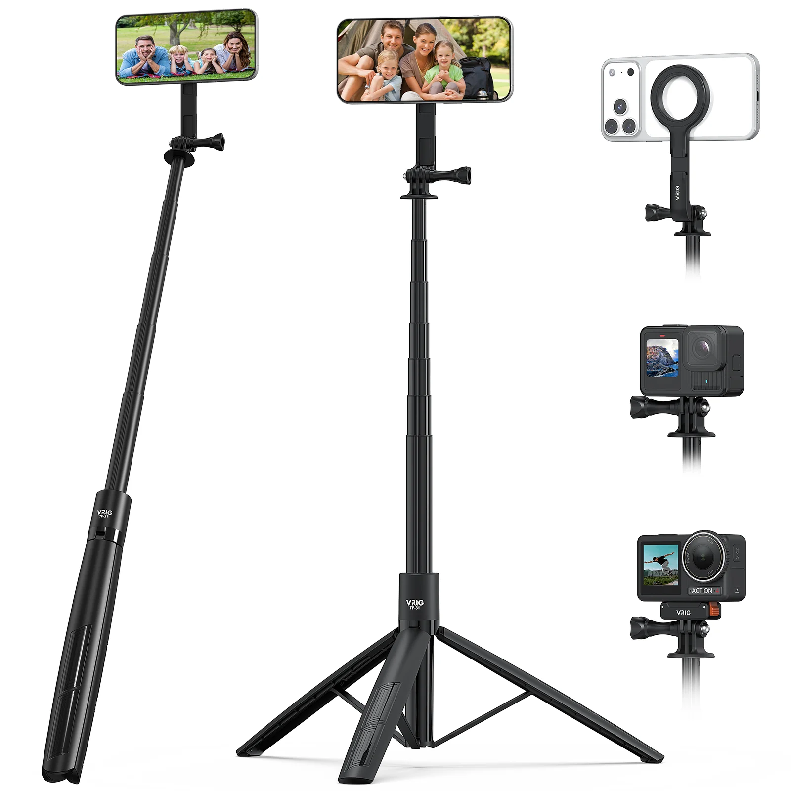 

Магнитный штатив-монопод VRIG 74 дюйма для iPhone 17/16, DJI Action 5, Insta360 X5, камер и телефонов с креплением 1/4 дюйма, GoPro, держателем для телефона
