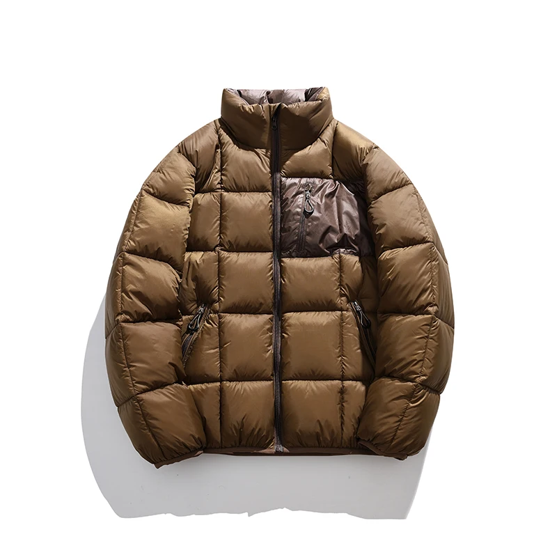 Kurtki zimowe męskie wiatroodporne ze stójką, luźne kurtki puchowe męskie, grube, ciepłe płaszcze w kratę, odzież męska outdoorowa streetwear