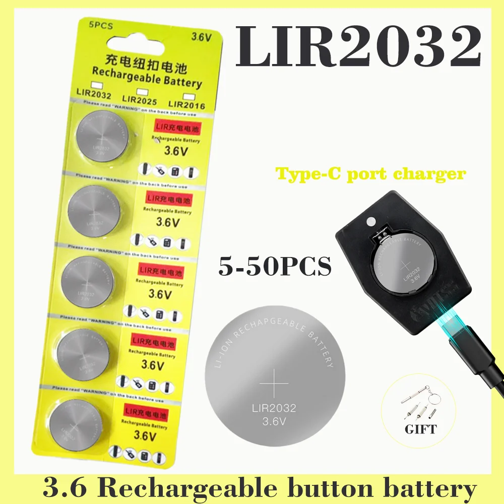 5-50PCS LIR2032 Conveniently Rechargeable Battery 2032 Lithium Charging Can Replace 3.6v 40mAH CR2032 for Watches Coin Battery