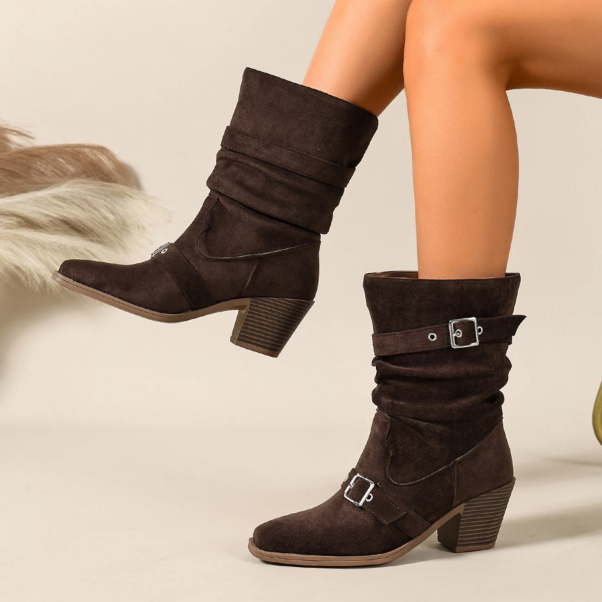 Women's Mid-Calf Boots in Large Sizes, Square Toe, Chunky Heel, Vintage Pleated Short Boots, Dark Brown Leather Belt, Ruched Boot Shaft, Lazy Style, Western Cowboy Boots