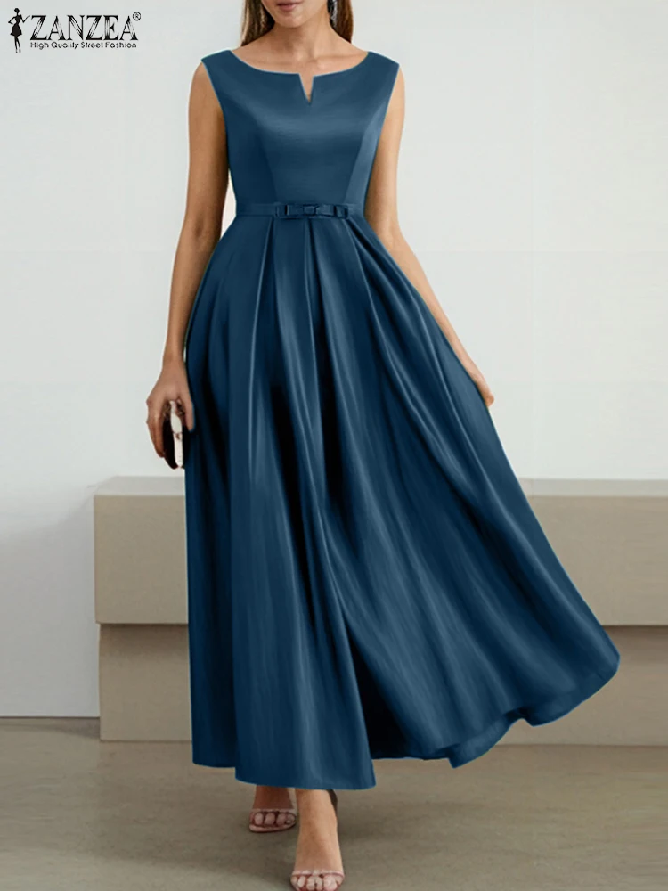 ZANZEA Fashion Boat Neck A-line Maxi Dresses Women Elegant Pleated Bow Detail Sundress Fitted Waist Sleeveless Party Robes Femme