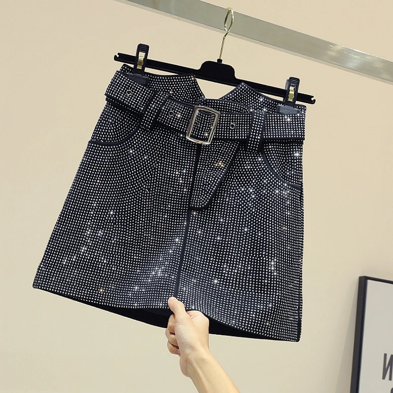 Faldas elegantes de cintura alta para mujer, faldas con incrustaciones de diamantes adelgazantes, estilo coreano, Falda corta negra a la cadera con