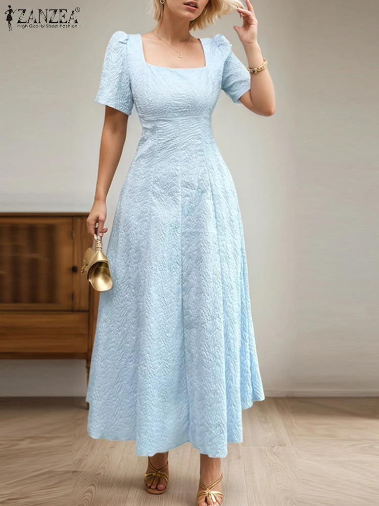 

ZANZEA Elegant Long Dress Women A-Line High Waist Sundress Fashion Puff Sleeve Square Collar Vestidos Solid Party Robe Femme