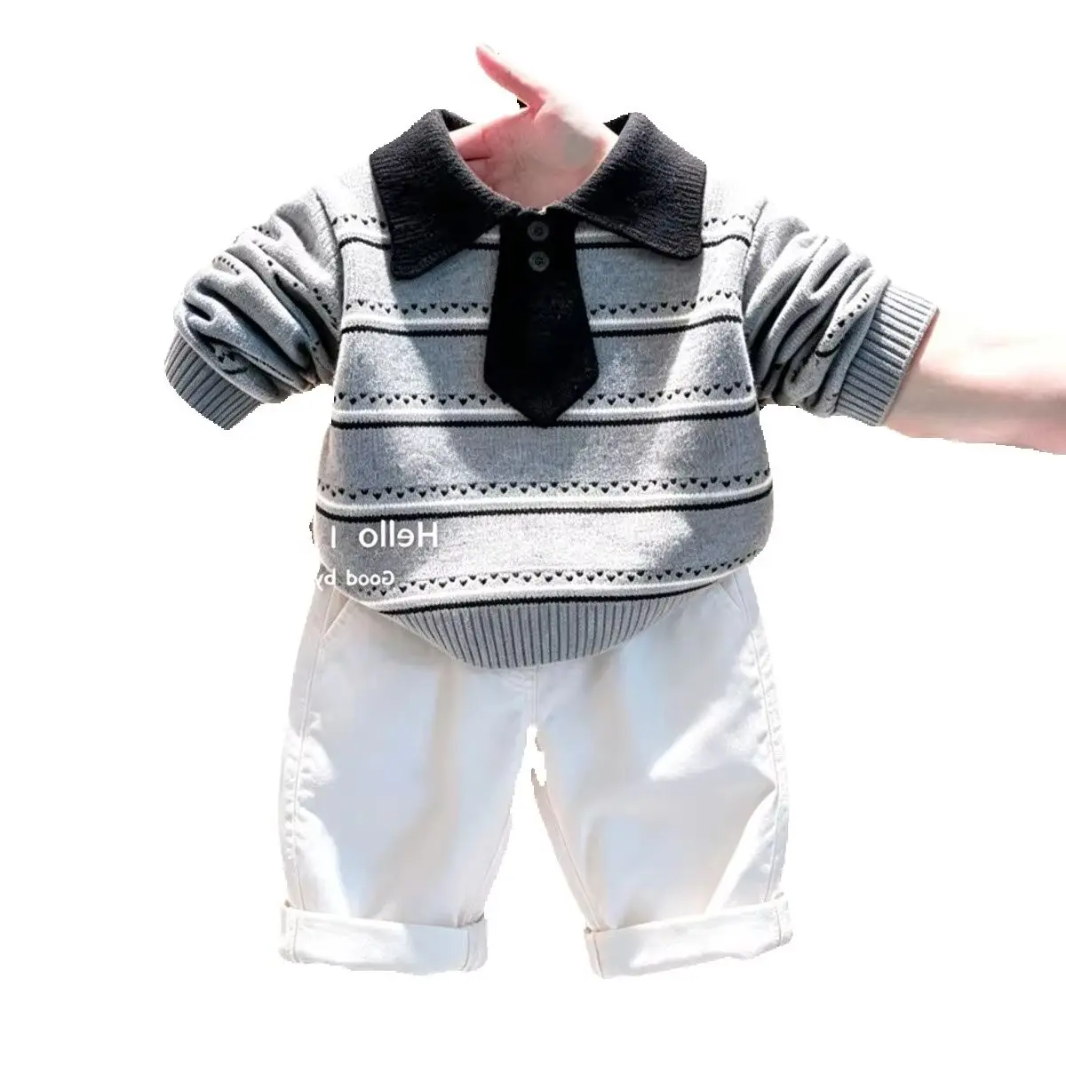Boys Knit Polo Sweater Pants Set 2026 New Spring Autumn Children College Style Long Sleeve Top Trousers 2 Piece Suit 4