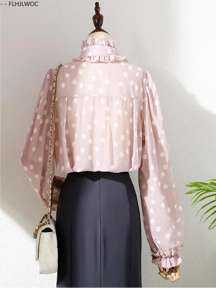 Design français Dot hauts Blouses nouveau Design 2025 Y2K femmes à manches longues ample décontracté volants Blouses bureau dame bases chemises roses