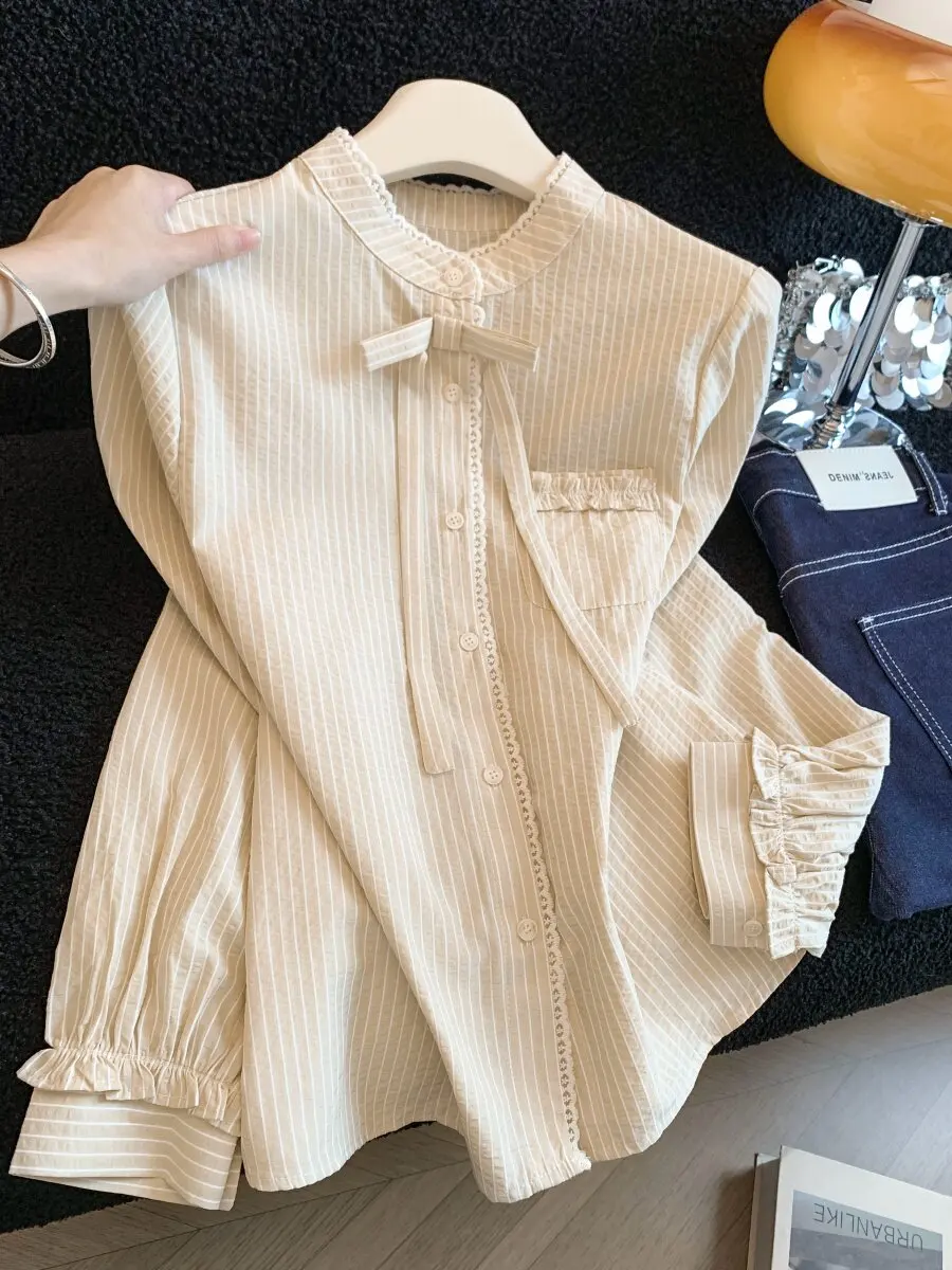 

Sweet Style Long Sleeve Striped Shirt Women Early Autumn Lace Splice Knot Slim Fit Blouse Fashionable Commute Wear