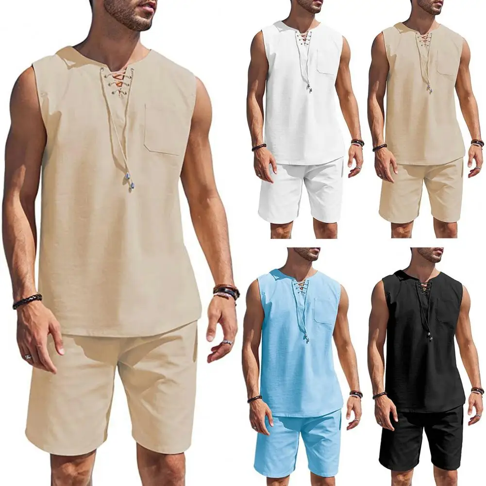 Men Solid Color Sportswear Men's Sportswear Set V Neck Vest Elastic Waist Shorts with Patch Pockets Breathable Quick Dry Loose