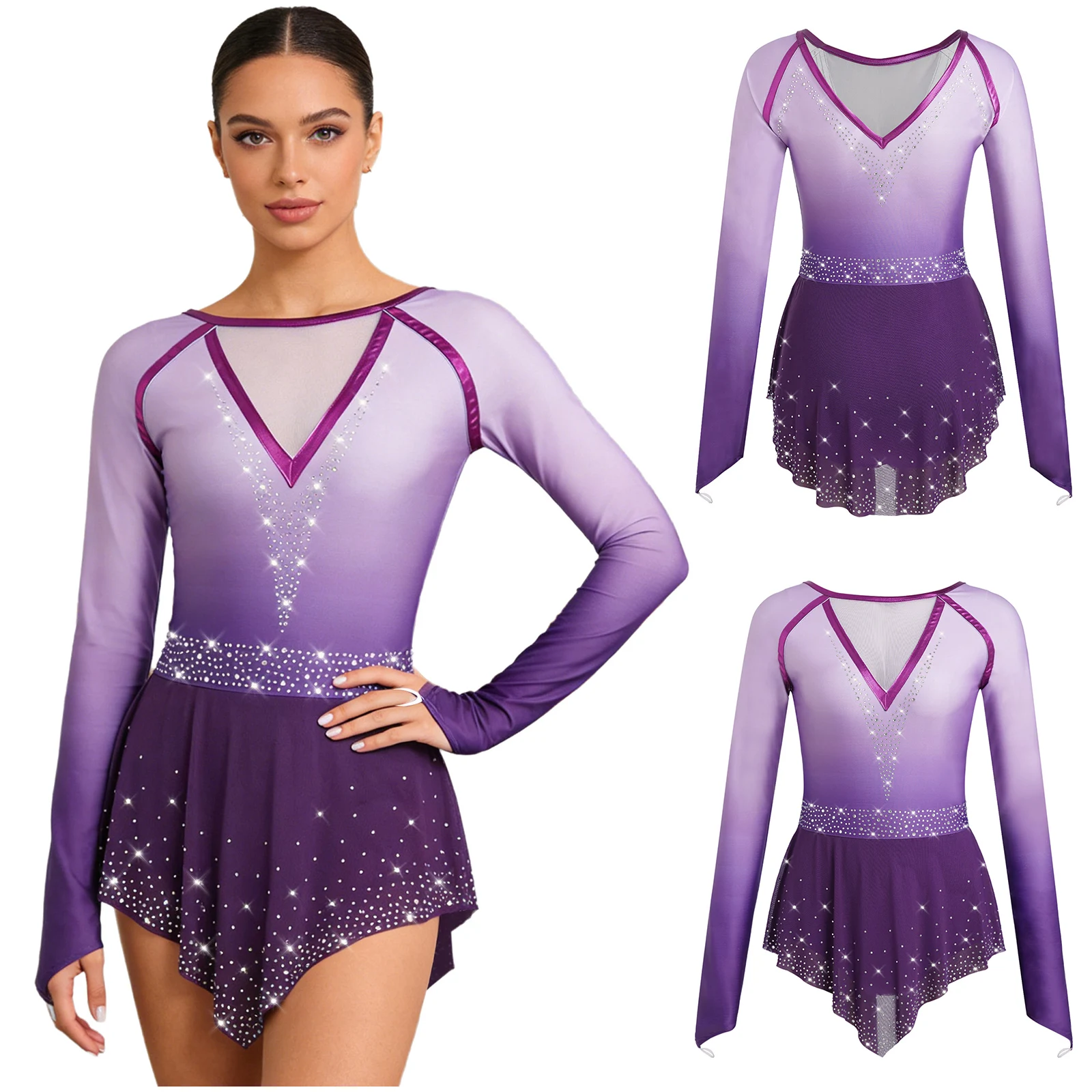 

Women Bodysuit Lyrical Figure Skating Dress Rhinestones Long Sleeve Sheer Mesh Skirted Gradient Leotard Dress for Ballet Modern