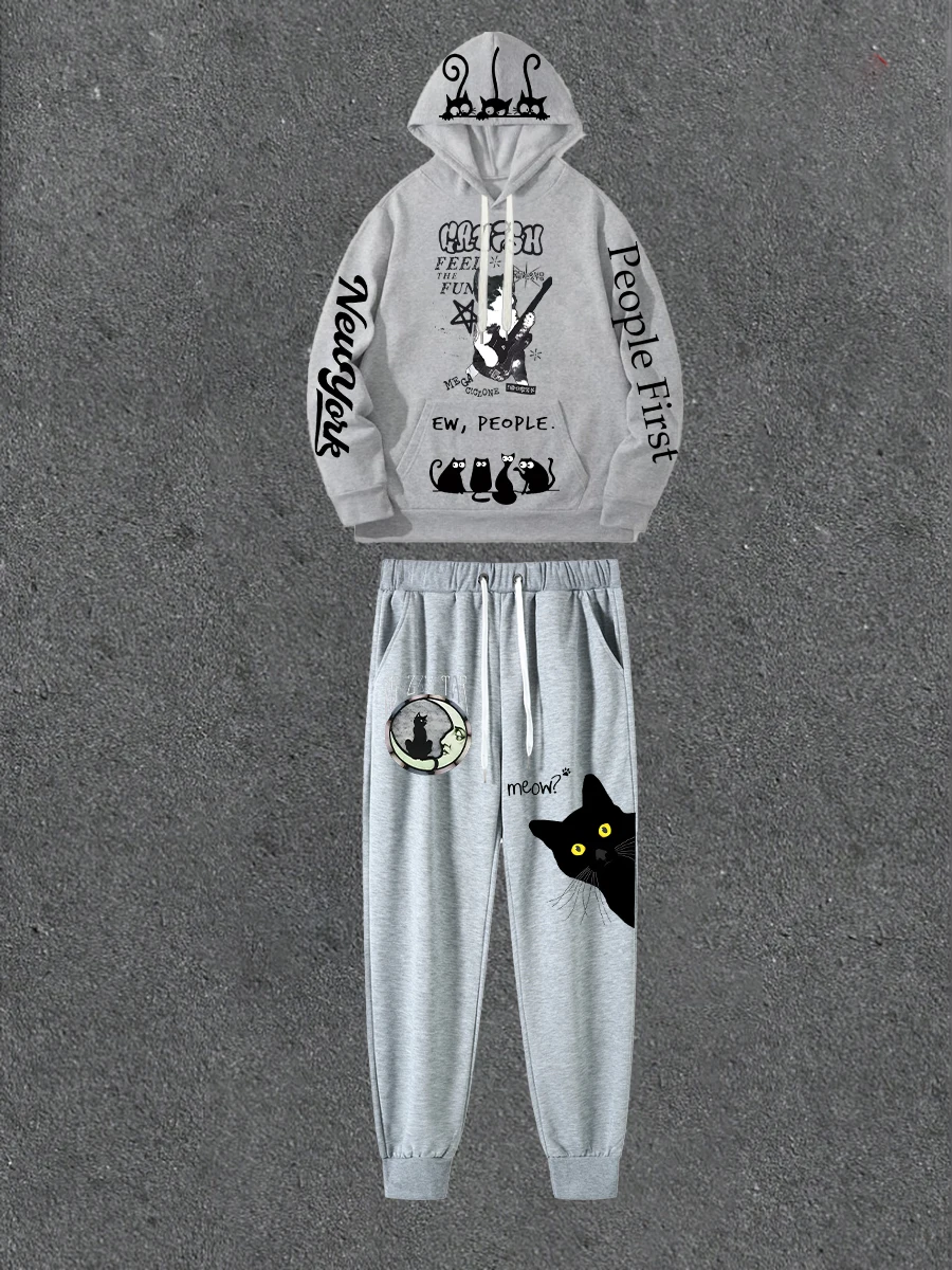 

Gray Double-sided Printed Hoodie Paired With Printed Casual Pants Loose Hoodie Street Style Outfit With Casual Pants