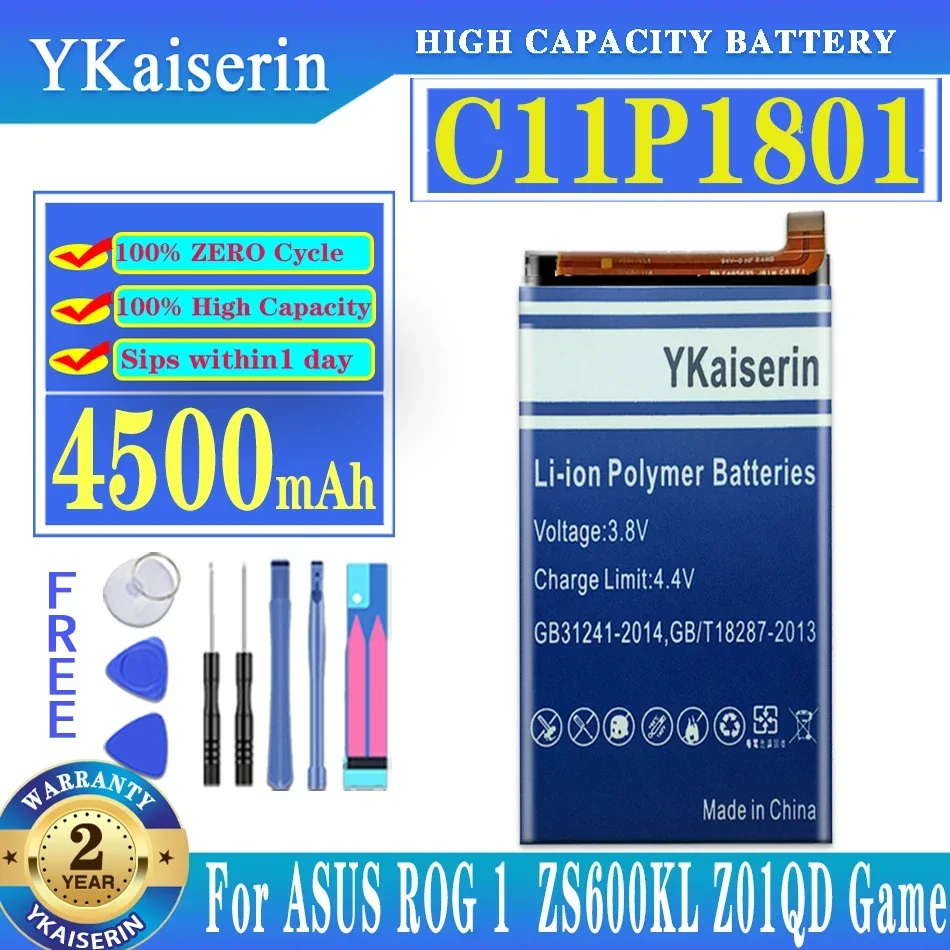 YKaiserin For ASUS High Capacity C11P1801 ZS600KL Z01QD Phone Battery For ASUS ROG 1 ROG1 Game Phone 4500mAh Batteries + Tools