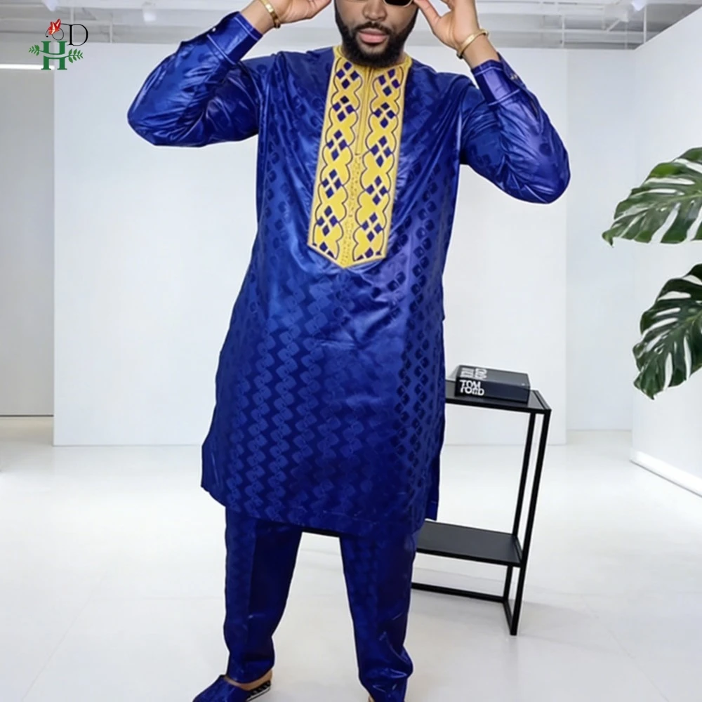 

H&D African Clothing For Man Traditional Agbada Sets 2PCS Blue Thobe Pant Bazin Riche Embroidered Wedding Party Suits Plus Size