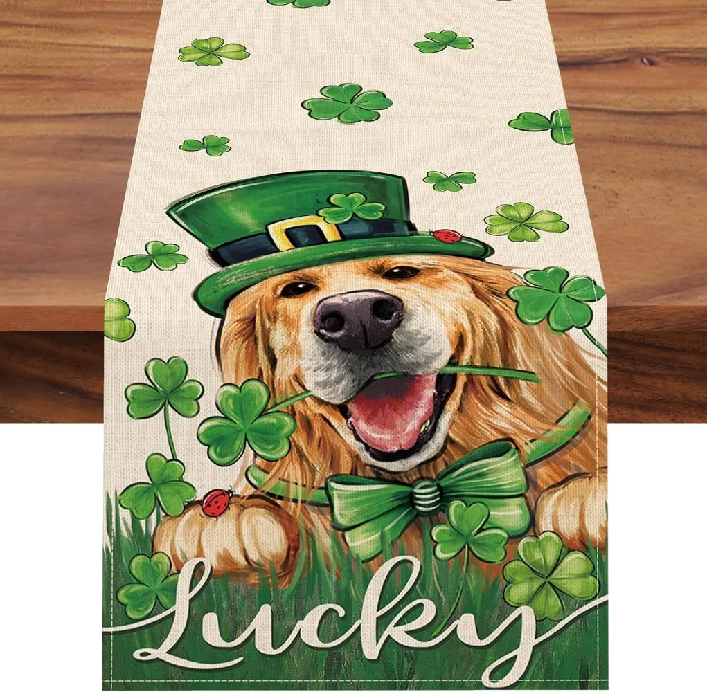 St Patricks Day Table Runner Leprechaun Gnome Shamrock Seasonal Irish Holiday Table Decorations for Home Outdoor Party