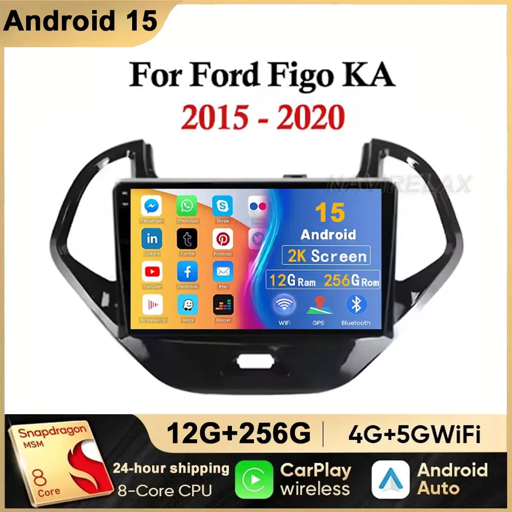 Para Ford FIGO KA 2015 2016 2017 2018 2019 2020 Radio de coche reproductor de vídeo Multimedia GPS Navi BT Android Auto Carplay unidad principal