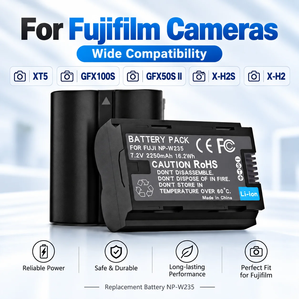 NP-W235 2250mAh Rechargeable Lithium Battery Replacement for Fujifilm XT5 XT4 XH2S XS20 GFX100S GFX50S II Digital Cameras