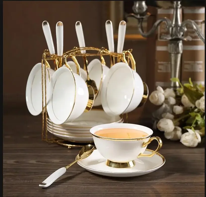 Gold Inlay Bone China Tea Cup Saucer Spoon Set 200ml Luxury Ceramic Coffee Advanced Porcelain Teacup Party Teatime Drinkware