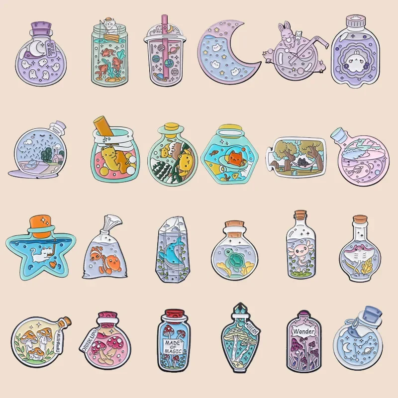 Cartoon Cute Glass Bottle Shaped Brooch Creative Milk Tea Cup Medicine Bottle Shooting Accessories Badge Set Pin Badges Metal