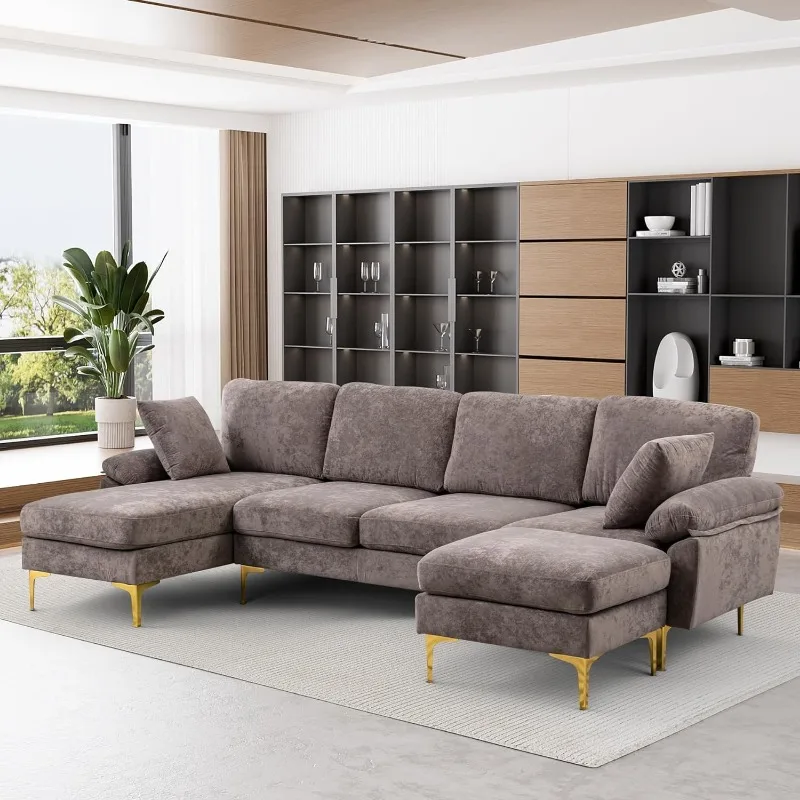 Divano componibile a forma di U, Set di divani a 4 posti per soggiorno, divano convertibile in velluto a forma di L con Chaise Lounge