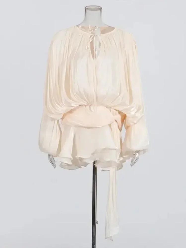 Elegant Layer Ruffles High Waist Mini Skirt Set Women Fashion Lace Up O-neck Pleated Blouse Sets  Spring Lady Office Outfits