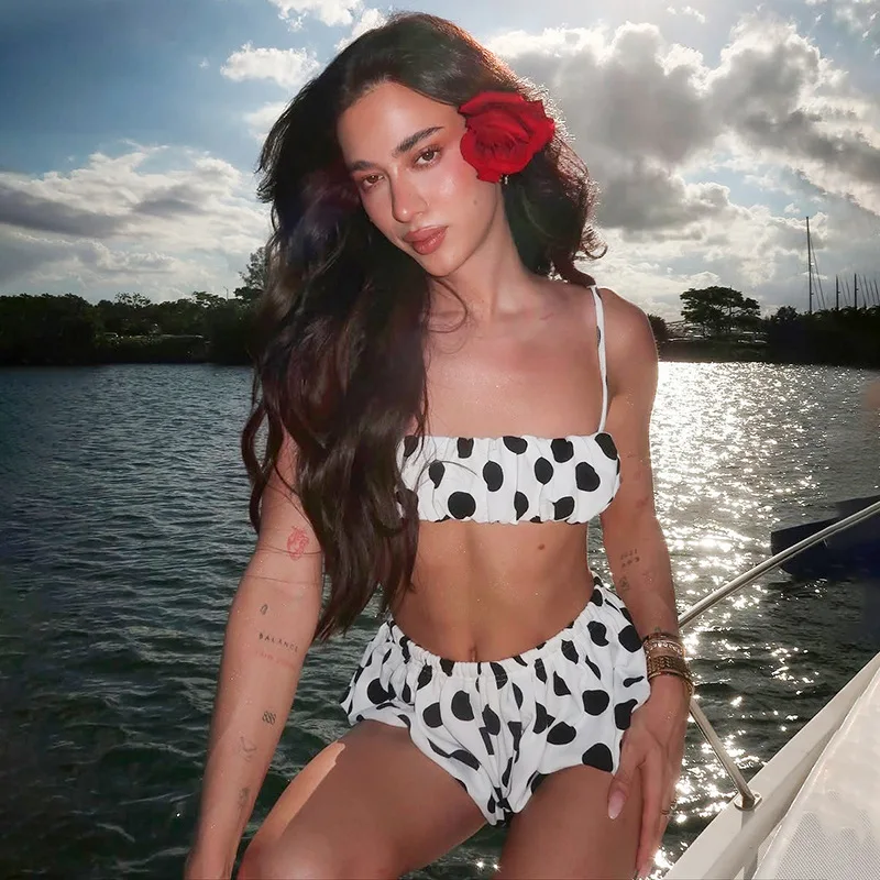 

Women Polka Dots Print Sexy 2 Piece Set Camisole Tube Crop Tops + Bud Shorts Vacation Beachwear Suits Night Clubwear Streetwear