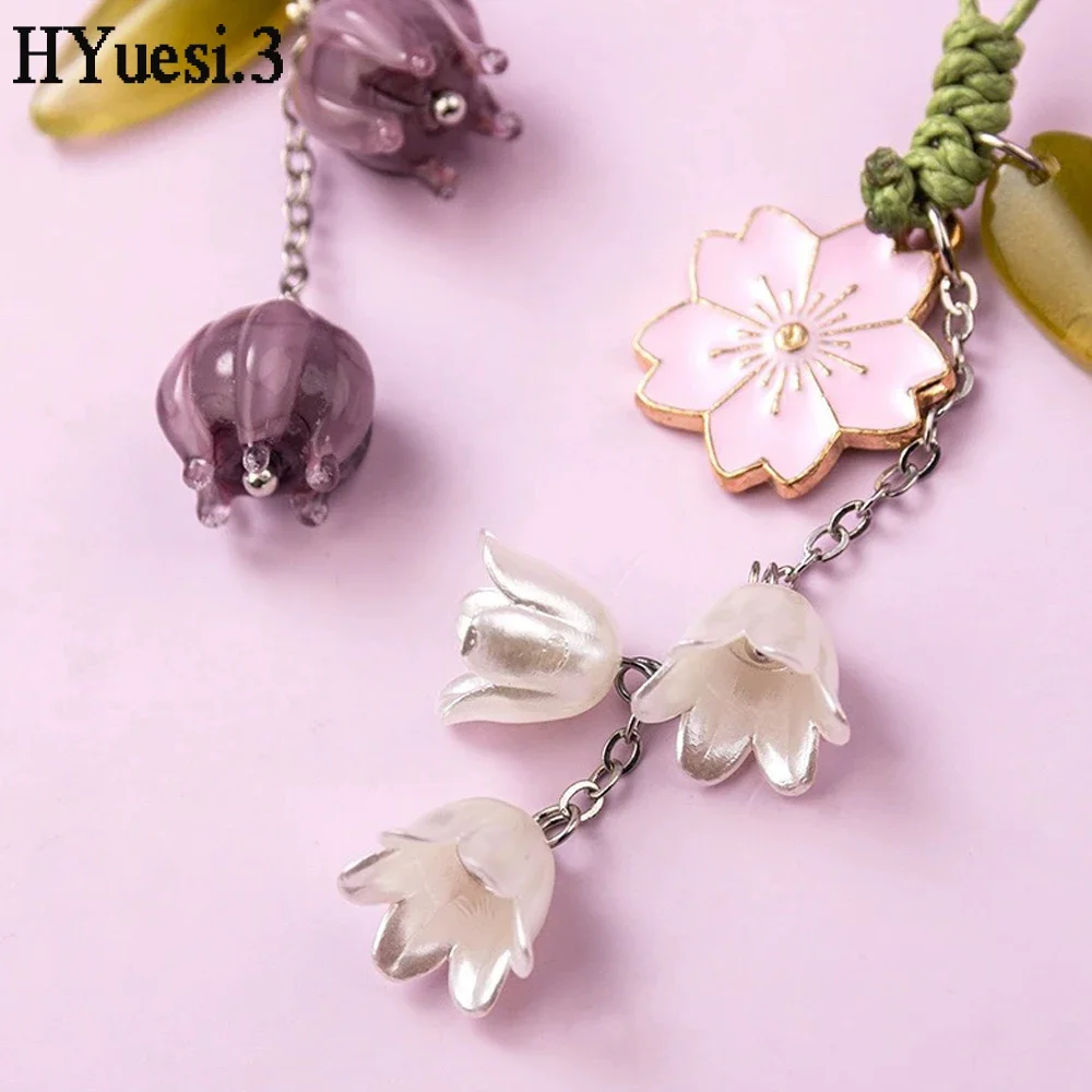 Cute Tulip Pendant Keychain Hand-Woven Waxed Rope Ceramic Flower With Lanyard For Women Girls Earphone Purse Decoration