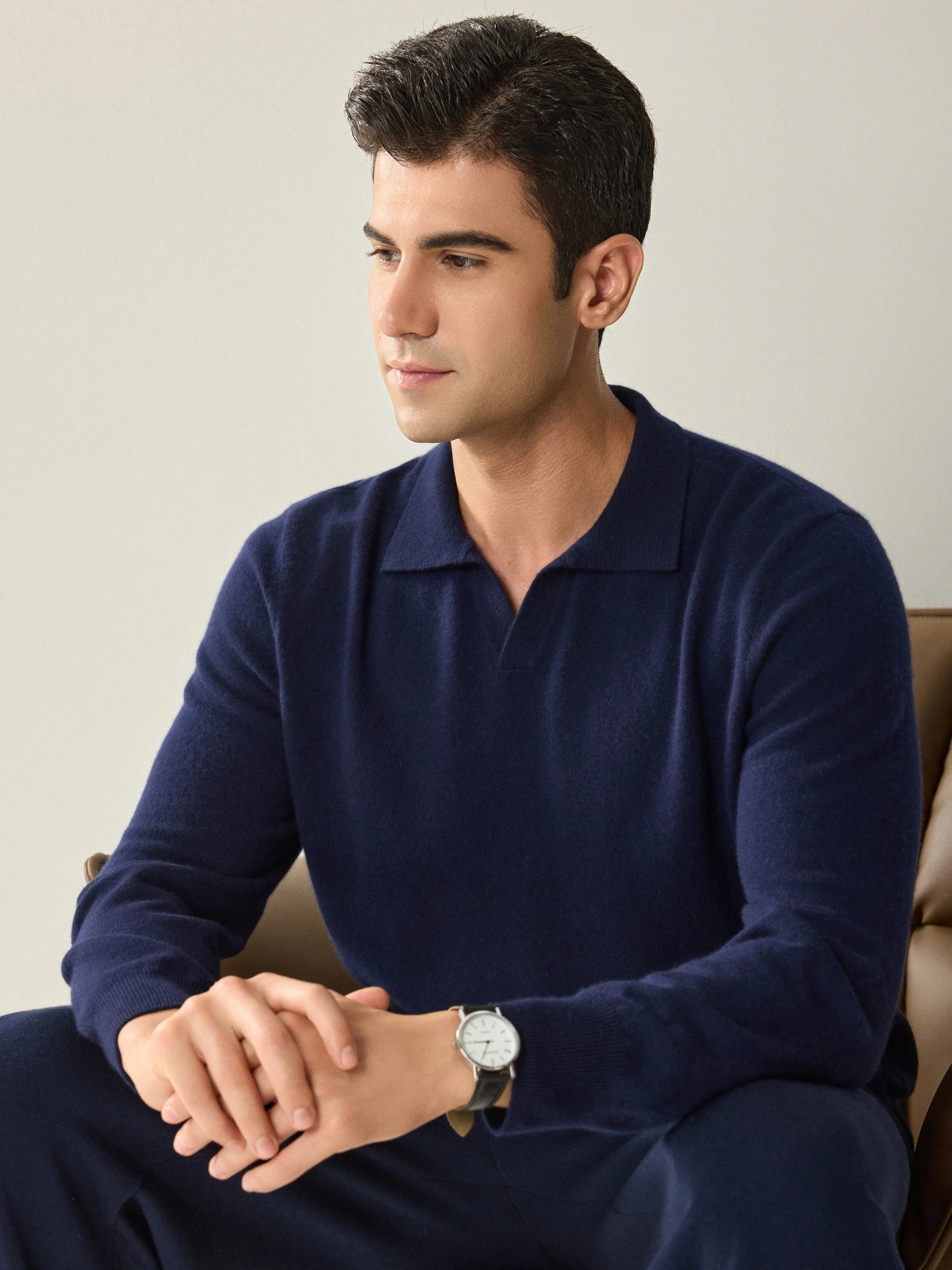 Autumn Winter 100% Cashmere Pullover Sweater Men's Polo Collar Soild Loose Light Luxury Basic Knit Layer Smart Casual Versatile