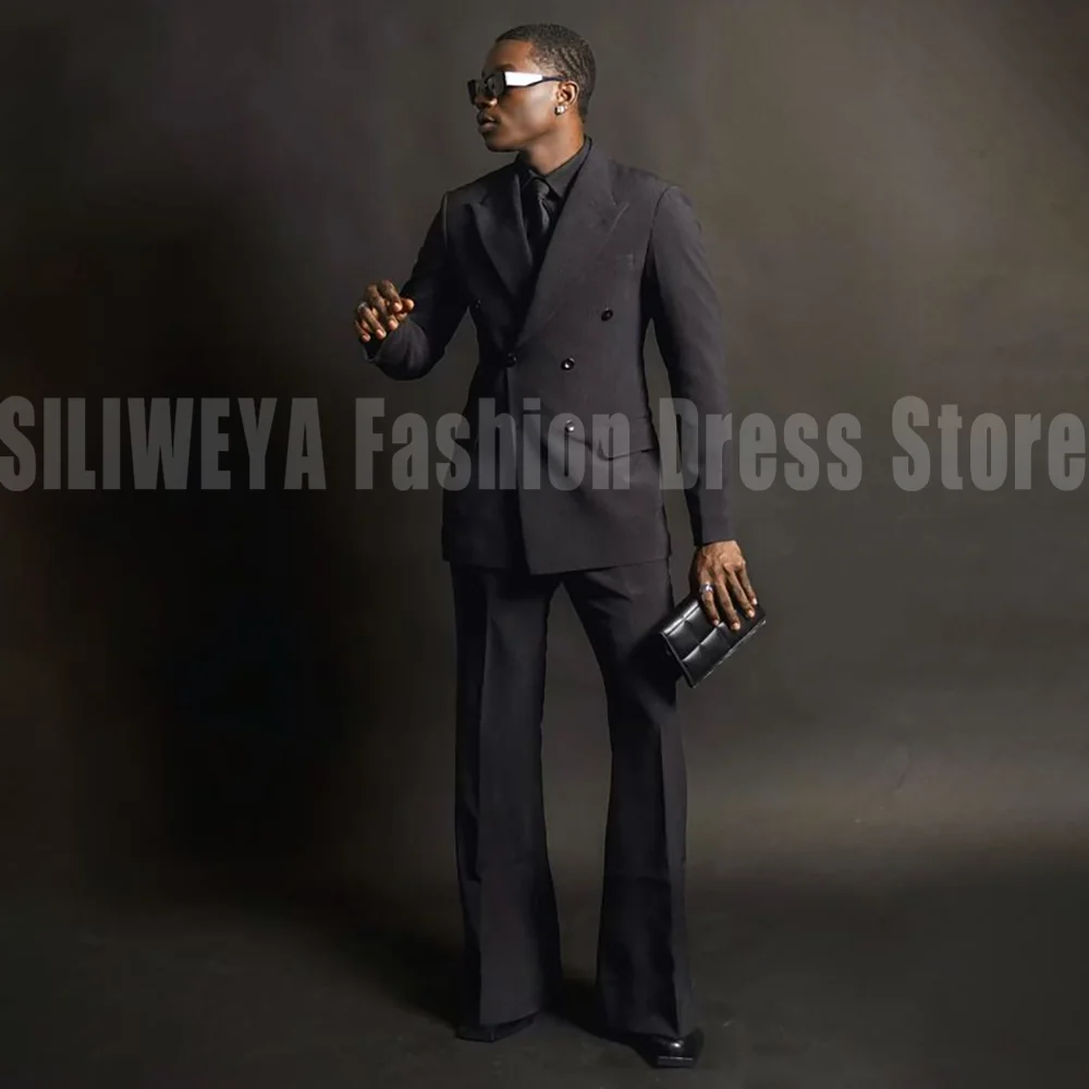 

Black Double Breasted Men's Suit 2 Pieces Jacket Pants Business Casual Fashion Blazer Set High Quality Trajes Para Hombre