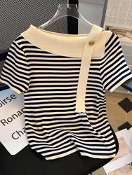 Summer Sexy Sweater Women Knit T-shirt Tops Fashion Striped Elegant Stylish Chic Tees Pullover Short Sleeve Jumpers 2024