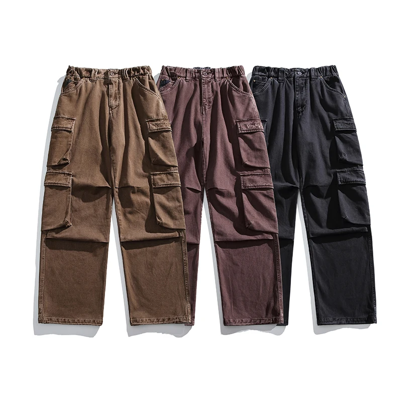 

Men's Heavyweight Cargo Pants in Dense Carbon-Washed Twill - Embroidered Streetwear Relaxed Straight-Leg Trousers Unisex