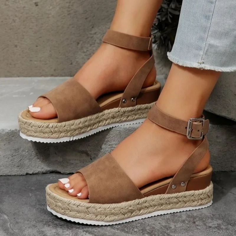 2026 New Trendy Simple Style Wedge Women's Sandals Summer Solid Color Ankle Strap Casual Thick Soled Women Shoes Туфли Женские