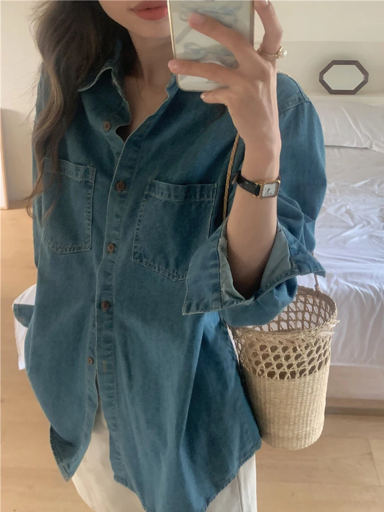 

Women's Denim irt 2023 Autumn Loose Slimming Retro Layering Long Sve Design Sensation Top Coat Korean Sle Commut...
