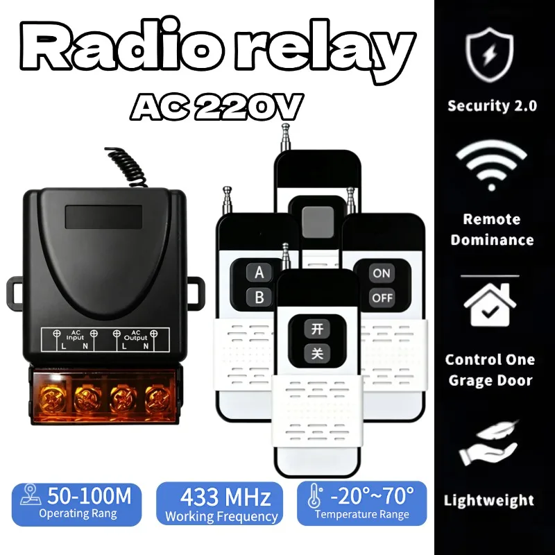433Mhz Wireless Remote Control Switch AC 110V 220V 10A Relay 1CH Receiver Controller and 2 Button RF433 Mhz Transmitter