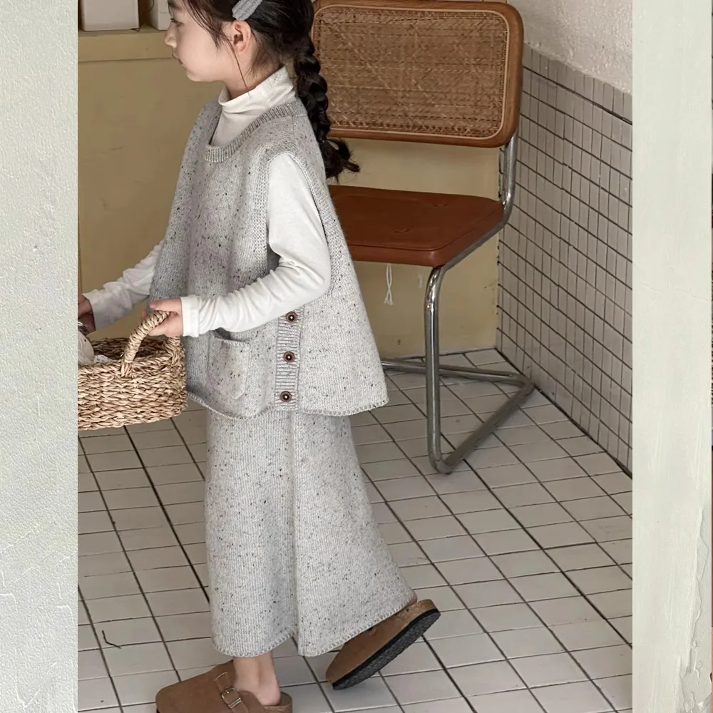 Girls Clothes Suit Spring 2024 New Style Korean Style Fashion Children Knitting College Style Vest and Skirt Two-piece Set