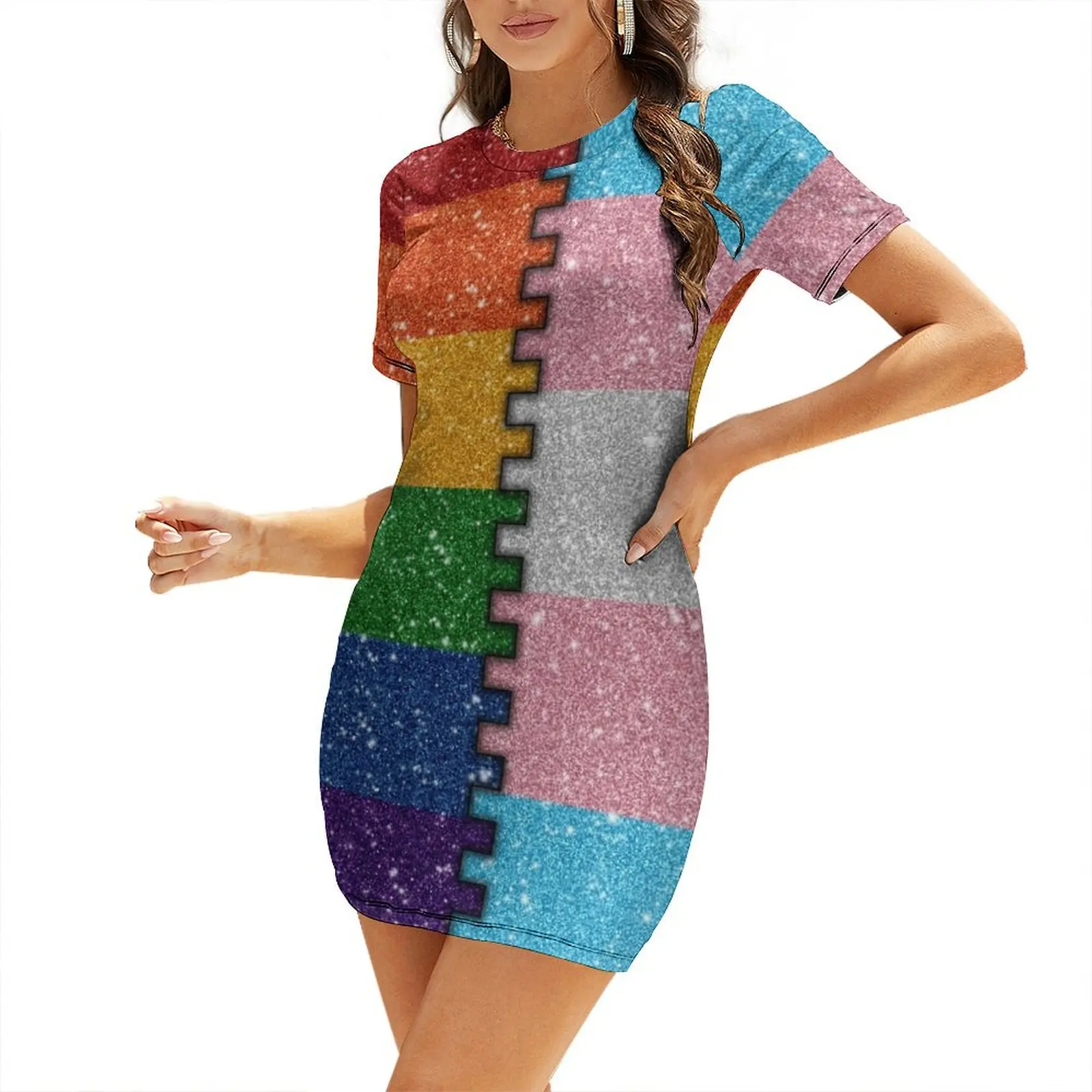 Faux Glitter LGBTQ Rainbow and Transgender Pride Merge Flag Background Short Sleeved Dress women's evening dresses 2025 Dress