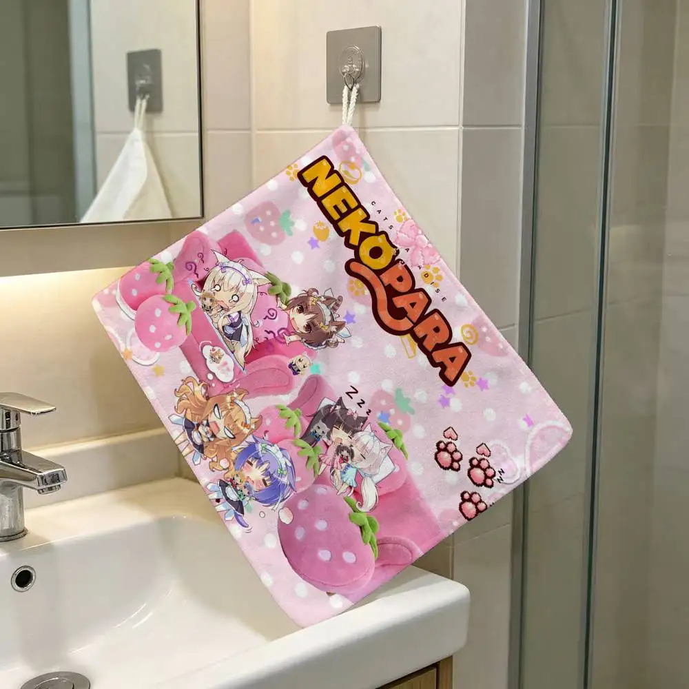Cute Neko Girls Chibi Polyester Cotton Daily Towel Hanging Kitchen Hand Wiping Cloth Durable for Whole House Use