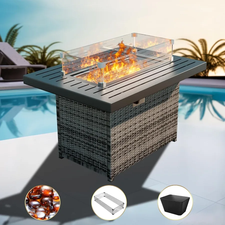 

Hand Weave Rattan Propane Fire Pit Table with 44Inch Aluminum Tabletop and Frame 60 000 BTU Adjustable Flame for Outdoor Patio