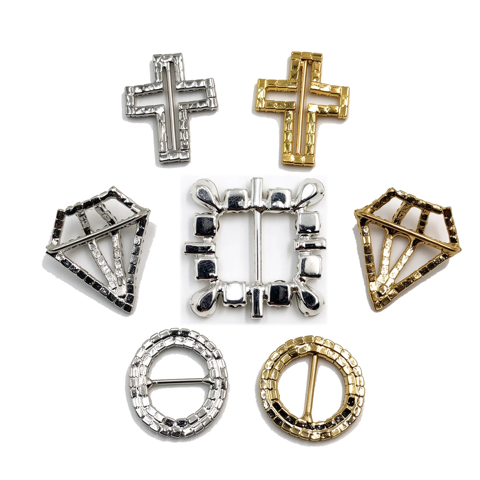 Rhinestone Slider Buckle Cross Diamond Round Shape Decorative   Silver Buckles for Garment Belt Ribbon DIY Clothing Accessory