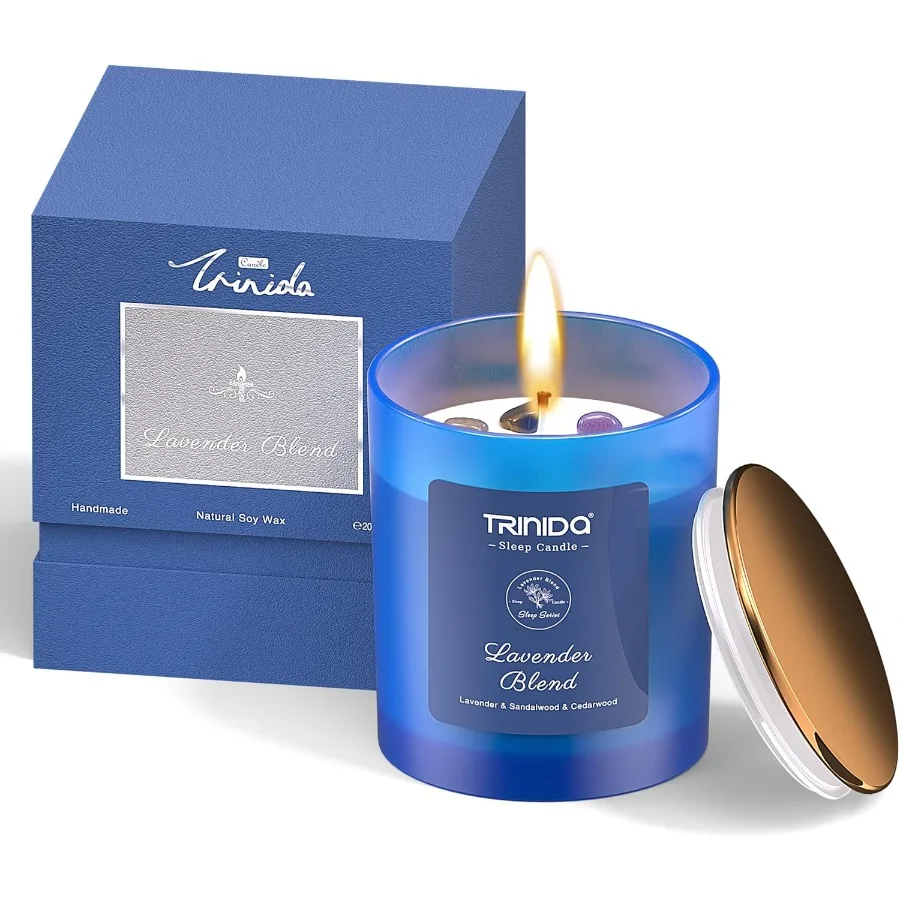 Aromatherapy Candle Natural Soy Wax Candles with Crystal for Men Infused with Lavender Sandalwood and Cedarwood Essential Oils