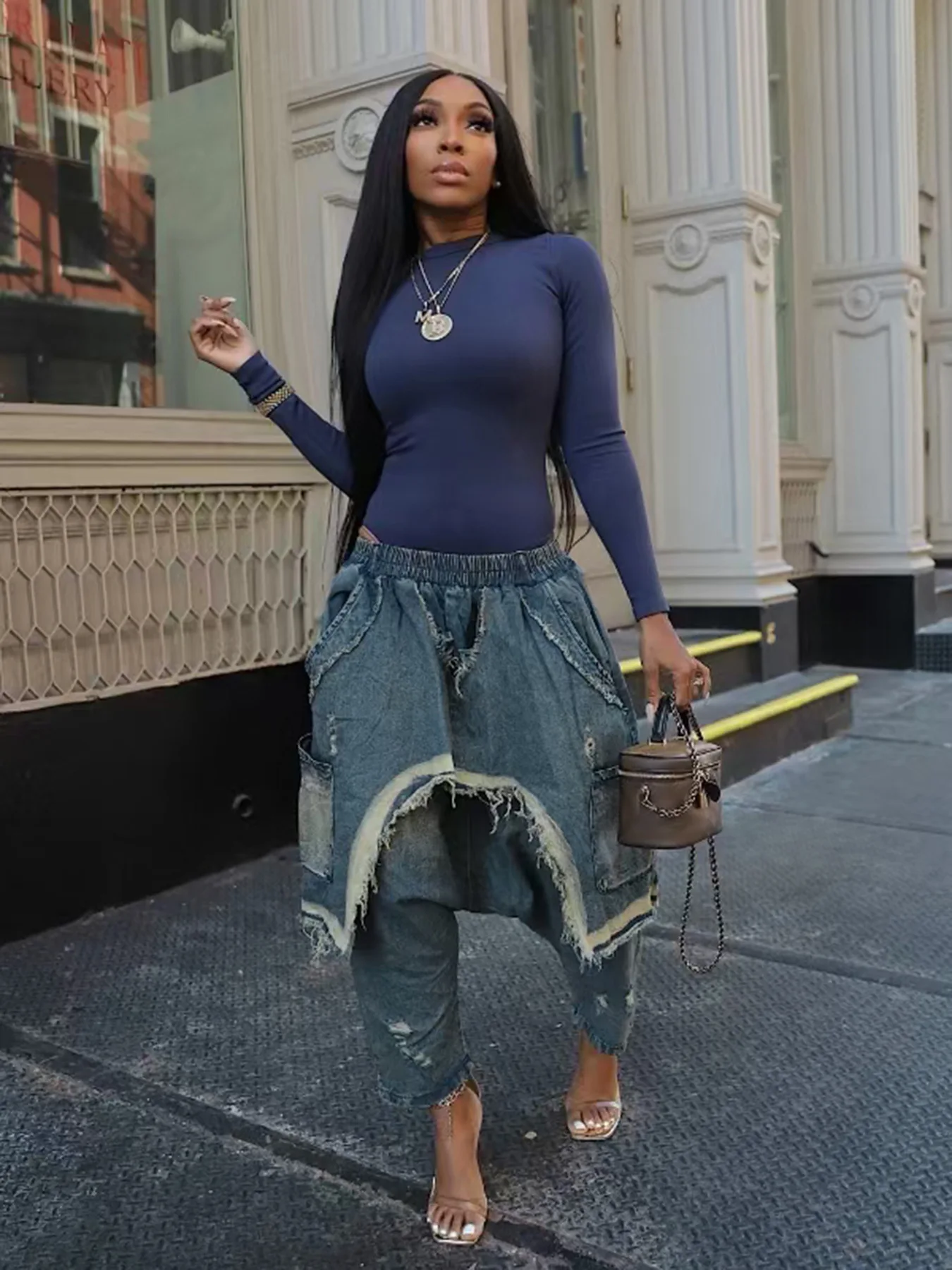 

Fall Winter Women Streetwear Trendy Ripped Out Hole Denim Pants Loose Safari Style Elastic Waist Cargo Hip Hop Harem Jeans