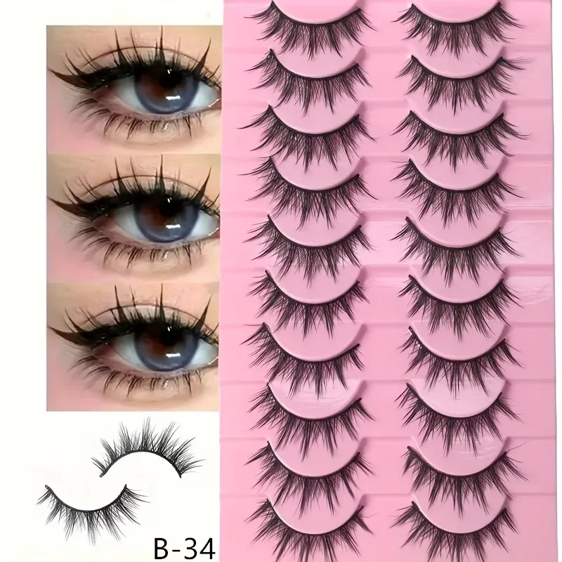 10 Paar Cosplay Manga-Wimpern – Wiederverwendbar – Schwarzes Band mit natürlichem Tragekomfort, 15 mm synthetische Nerz-Kunstwimpern für Anime